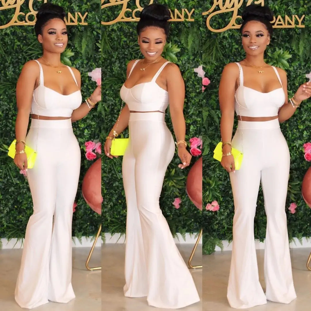 Summer Two Piece Set Casual Neon Spaghetti Strapless Sleeveless Corp Tops Long Flare Pants Suit Night Party Set Outfit Tracksuit