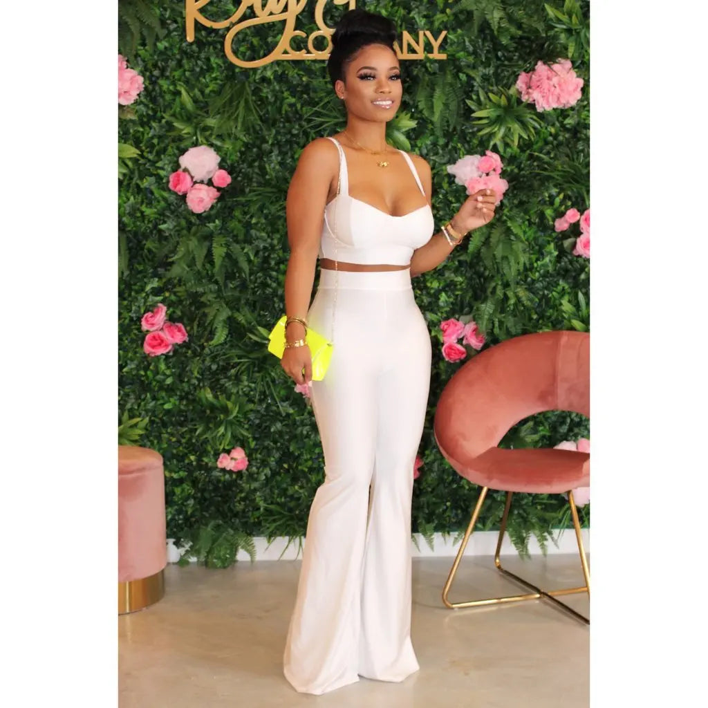 Summer Two Piece Set Casual Neon Spaghetti Strapless Sleeveless Corp Tops Long Flare Pants Suit Night Party Set Outfit Tracksuit