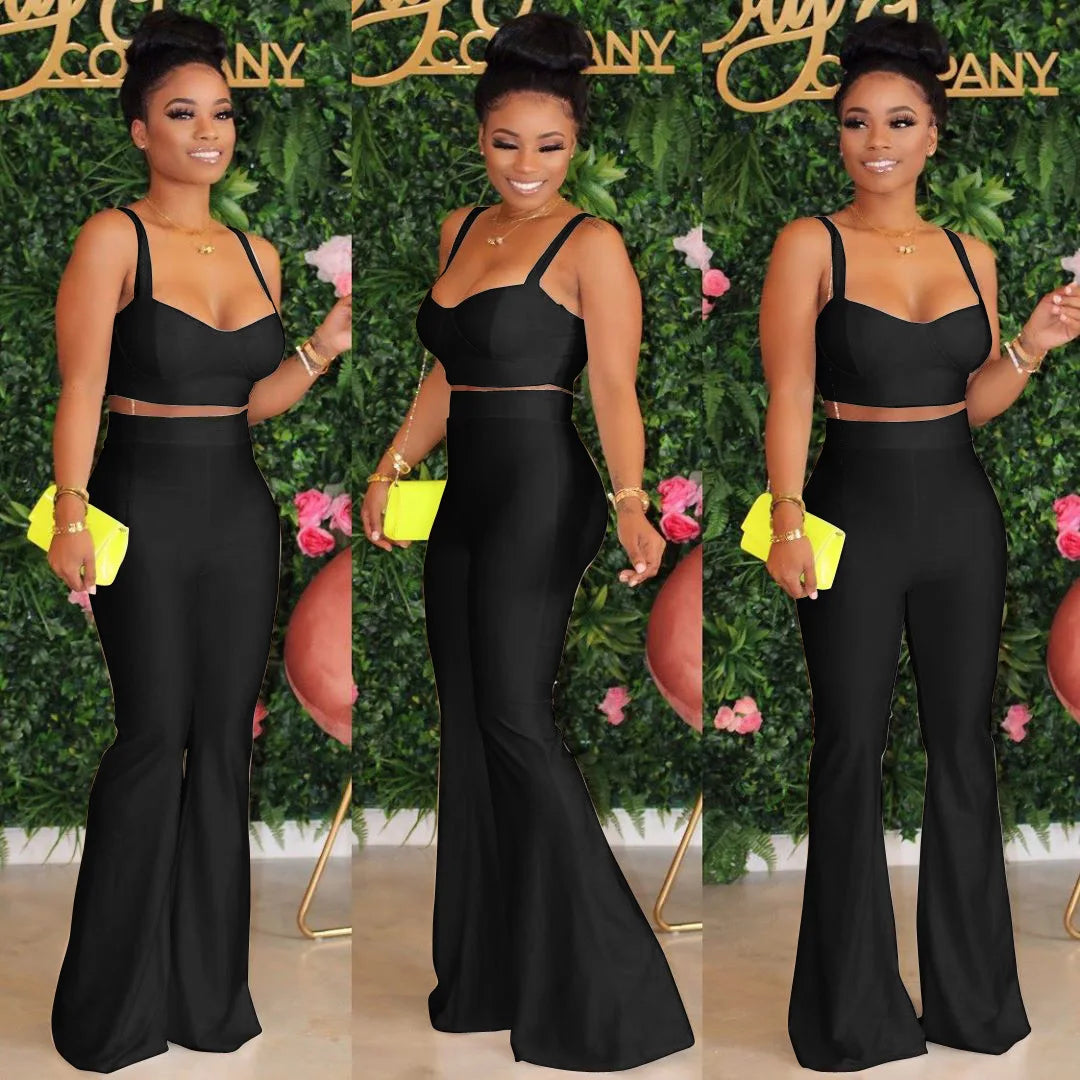 Summer Two Piece Set Casual Neon Spaghetti Strapless Sleeveless Corp Tops Long Flare Pants Suit Night Party Set Outfit Tracksuit