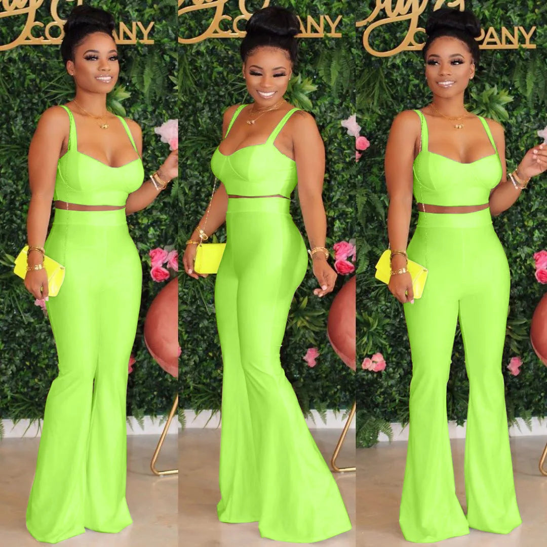 Summer Two Piece Set Casual Neon Spaghetti Strapless Sleeveless Corp Tops Long Flare Pants Suit Night Party Set Outfit Tracksuit