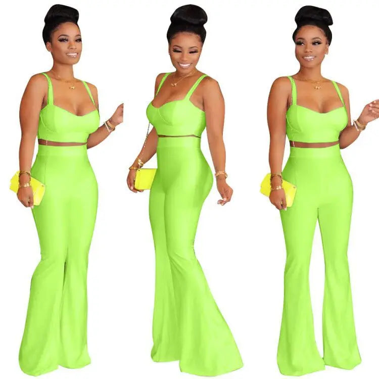 Summer Two Piece Set Casual Neon Spaghetti Strapless Sleeveless Corp Tops Long Flare Pants Suit Night Party Set Outfit Tracksuit