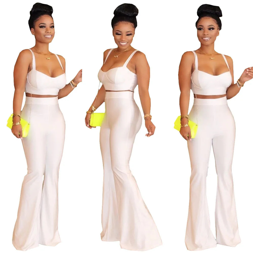 Summer Two Piece Set Casual Neon Spaghetti Strapless Sleeveless Corp Tops Long Flare Pants Suit Night Party Set Outfit Tracksuit