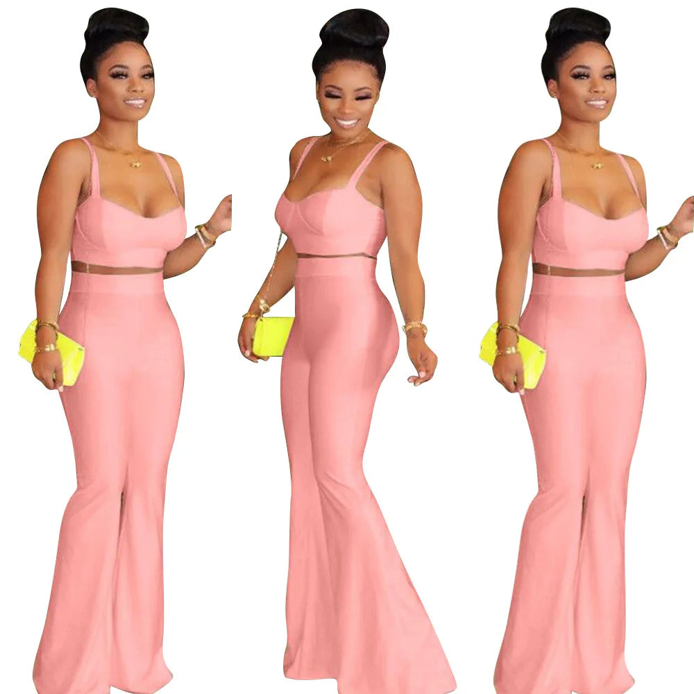 Summer Two Piece Set Casual Neon Spaghetti Strapless Sleeveless Corp Tops Long Flare Pants Suit Night Party Set Outfit Tracksuit